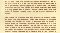 Please Do Not Feed Or Molest Prairie Dogs From the first page in It’s a Dog’s Life, by Robert Cunningham (photographs by Ed Bry, illustrations by Ted Cornell, published by The Theodore Roosevelt Nature and History Association; circa...