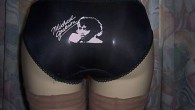 Black Michael Jackson printed in white on black nylon panties. The Thriller album pose, along with Jackson’s signature, all printed on the fanny… The ultimate compliment?