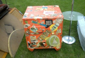 kitschy-decoupage-weight-loss-clippings-orange-nightstand