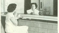 Found in a vintage Pennsylvania Turnpike System brochure (circa early 1950s), this photo is actually captioned as follows: “Freshening up” in a comfortable rest room