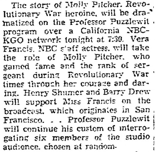 vera francis nbc radio molly pitcher oakland tribune 7-13-1937