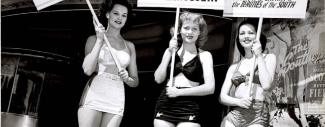A vintage photo, taken by photographer Joseph Jasgur, of Earl Carroll’s Vanities pin-up girls picketing in front of a Los Angeles movie theater — a staged publicity event “against” the...
