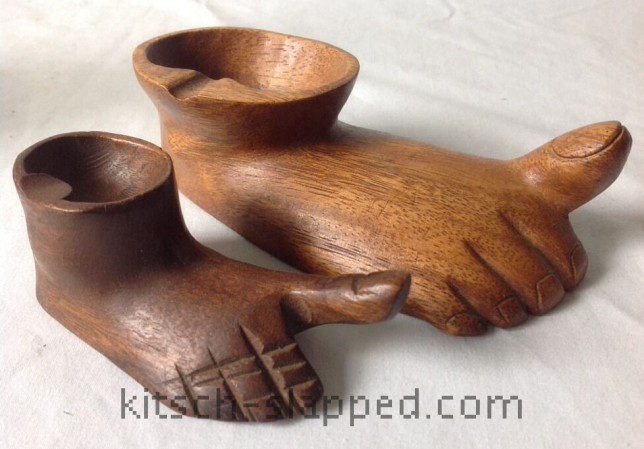 pair of vintage carved bare feet wooden ashtrays with big toes pointing up